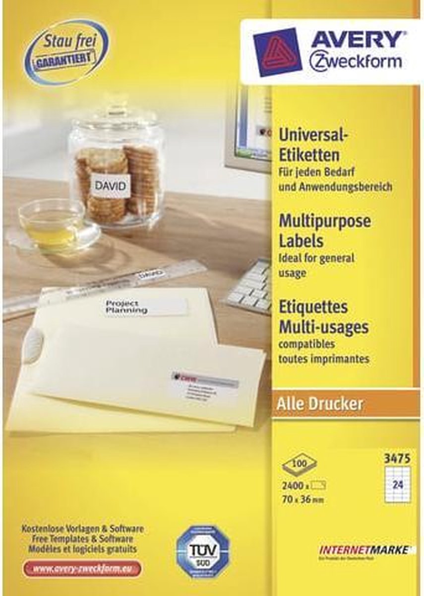 Avery te Etiketten Quickpeel Ft 70 X 36 Mm (B X H),2.400 Stuks, 24 Per Blad, Doos Van 100 Blad - Wit