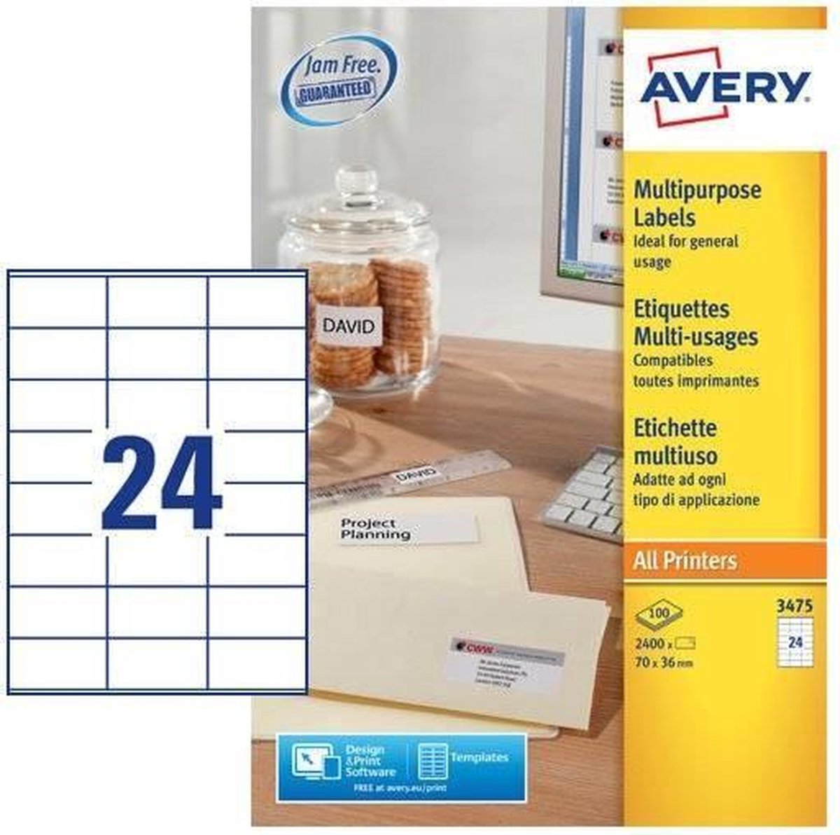 Avery te Etiketten Quickpeel Ft 70 X 36 Mm (B X H),2.400 Stuks, 24 Per Blad, Doos Van 100 Blad - Wit