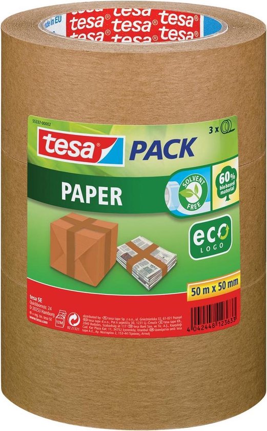 Tesa pack Paper Ecologo, Ft 50 Mm X 50 M,, Pak Van 3 Stuks - Bruin