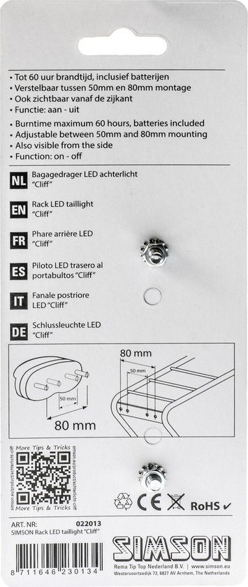 Simson Cliff Batterij Achterlicht Bagagedrager Led - Zwart