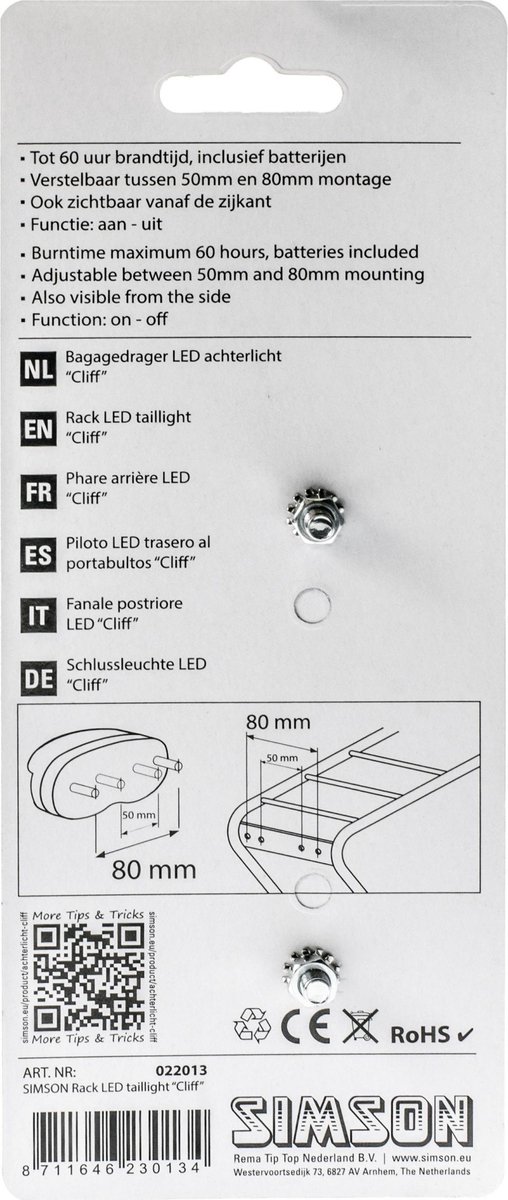 Simson Cliff Batterij Achterlicht Bagagedrager Led - Zwart
