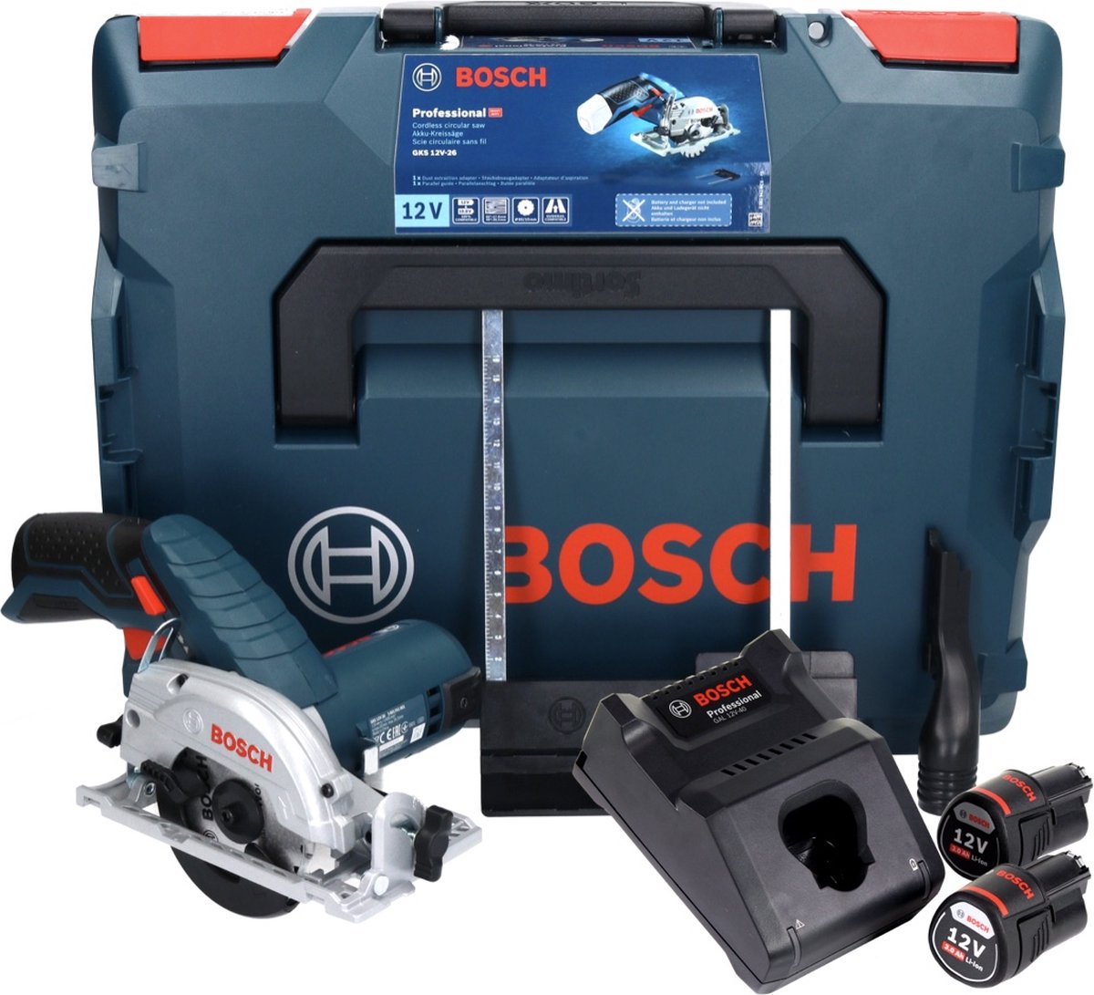 Bosch - Batería circular SAW GKS 12V-26. Con 2 x 3.0 AH batería de iones de litio. L-boxx
