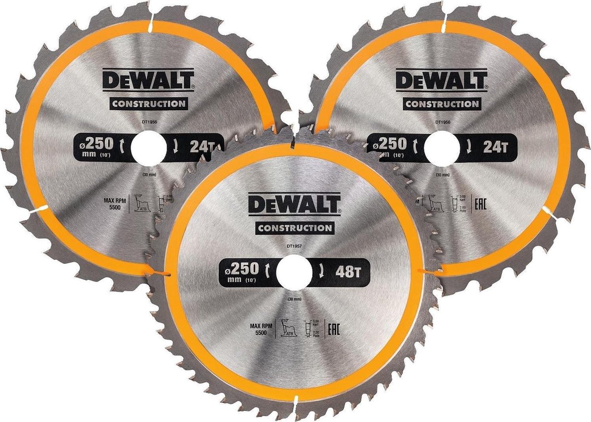 DeWalt Ø 250 Construcción Circular Saw Blade Set 3-PCS. Dt1963