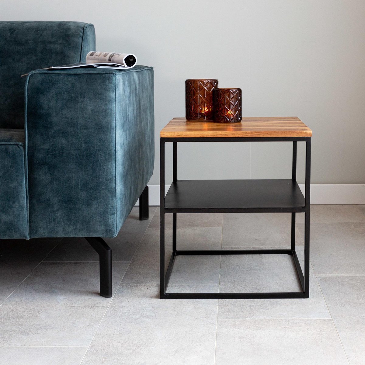 Dimehouse Industriële Nachtkastje Rafael - Mangohout - 40x40 Cm - Bruin