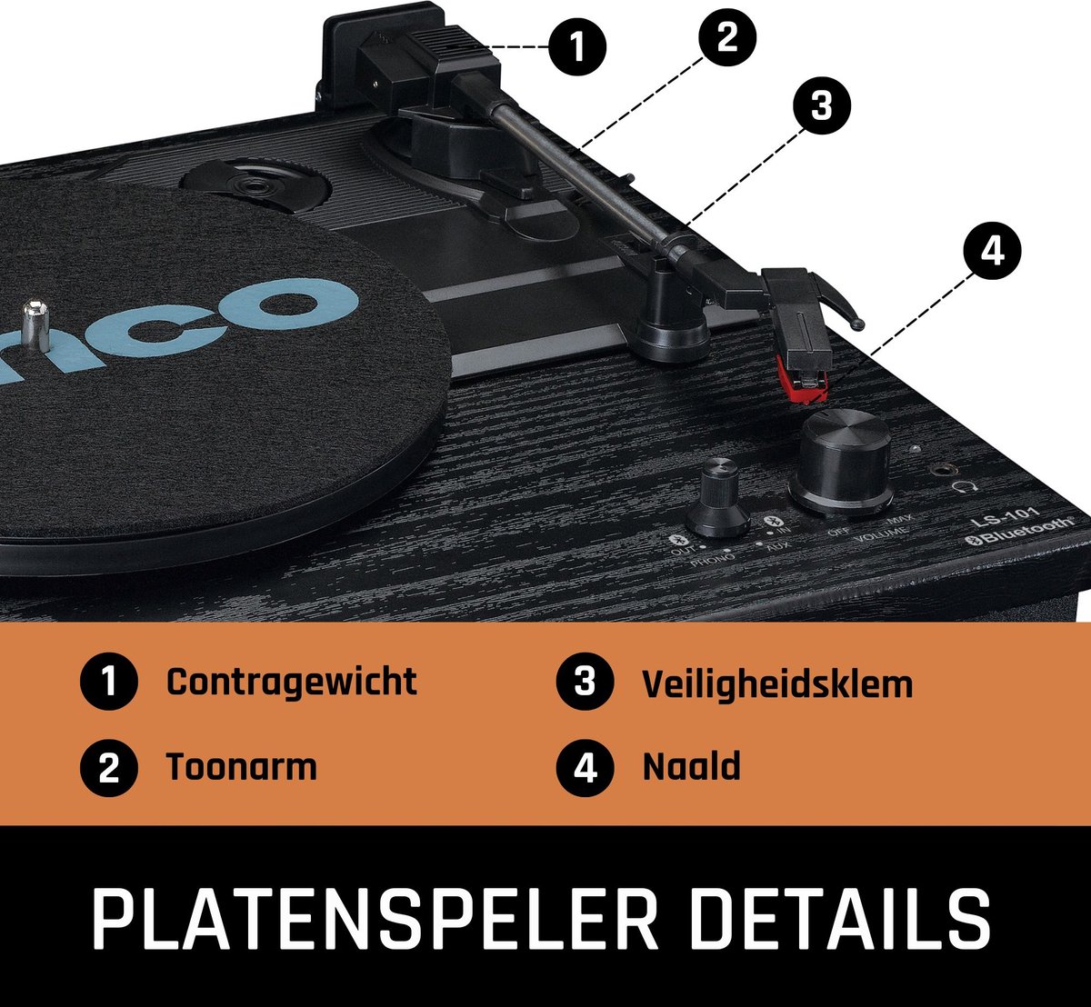Lenco Houten Platenspeler Met Bluetooth, 2 Externe Speakers Ls-101bk - Zwart