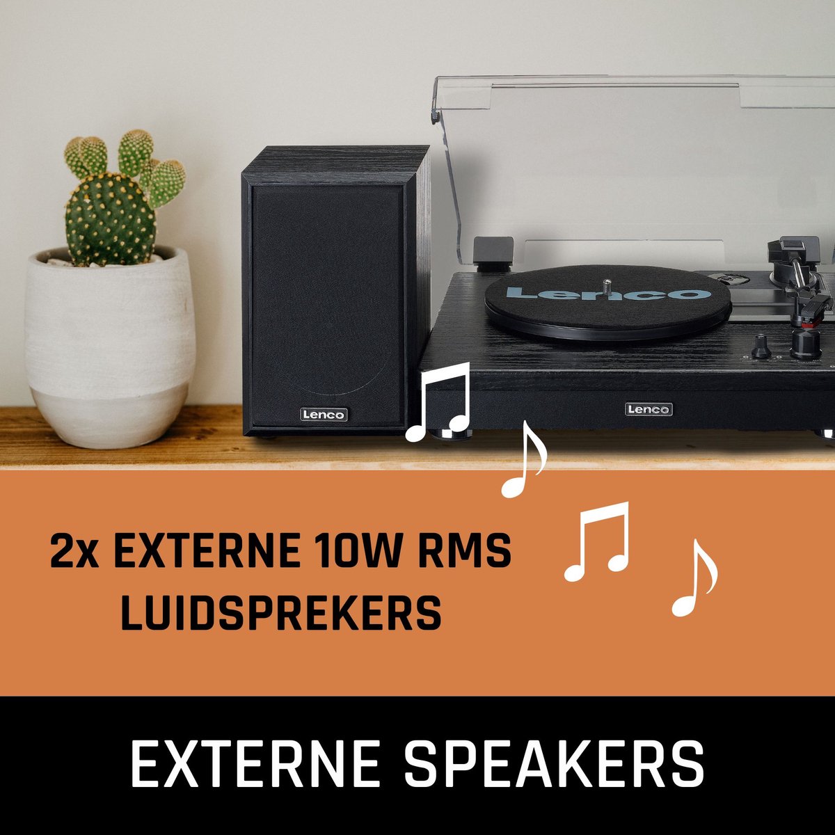 Lenco Houten Platenspeler Met Bluetooth, 2 Externe Speakers Ls-101bk - Zwart