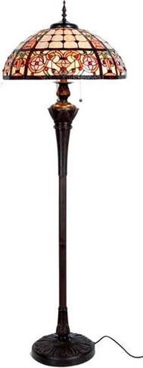 Clayre & Eef Tiffany Vloerlamp Uit De Odessa Serie -, Wit, Rood, Blauw - Ijzer, Glas - Bruin