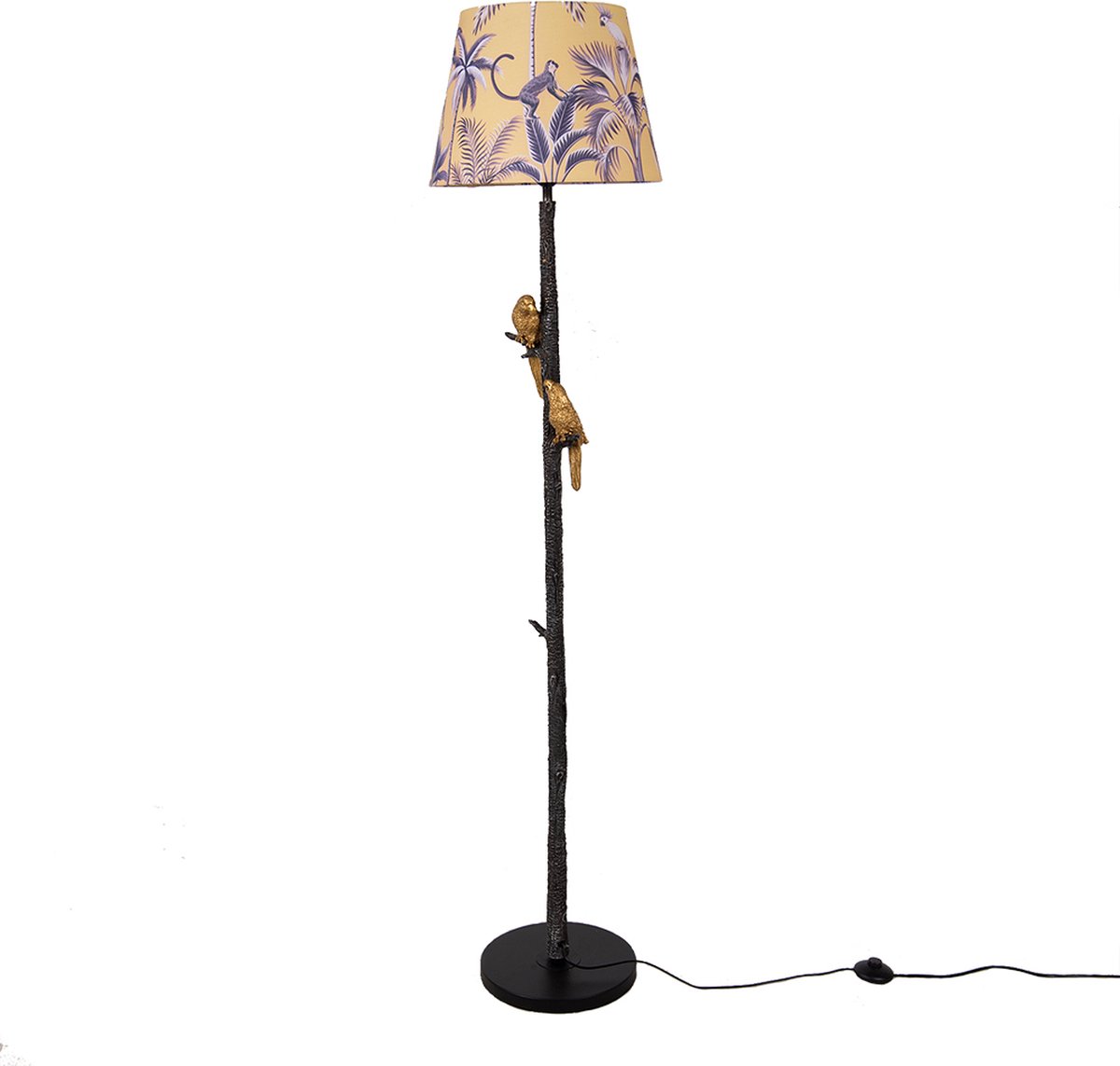Clayre & Eef Vloerlamp Ø 37*165 Cm E27*60w,, Goudkleurig Ijzer, Textiel Papegaai, Apen Staande Lamp - Zwart