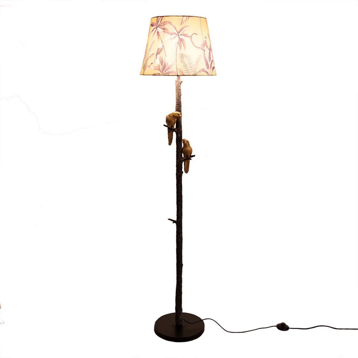 Clayre & Eef Vloerlamp Ø 37*165 Cm E27*60w,, Goudkleurig Ijzer, Textiel Papegaai, Apen Staande Lamp - Zwart