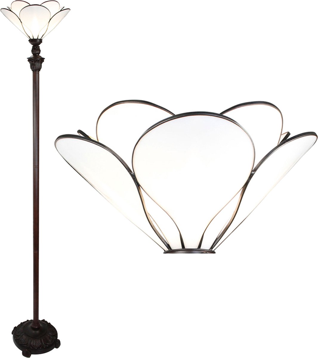 Clayre & Eef Lumilamp Tiffany Vloerlamp Ø 31*183 Cm E27/max 1*60w Glas, Kunststof Staande Lamp Staanlamp Tiffany Lamp - Wit