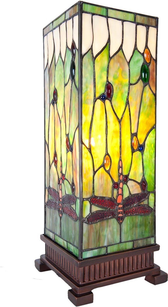 Clayre & Eef Tafellamp Tiffany 17x17x44 Cm E27/40w -,, Roze, Multi Colour - Ijzer, Glas - Bruin