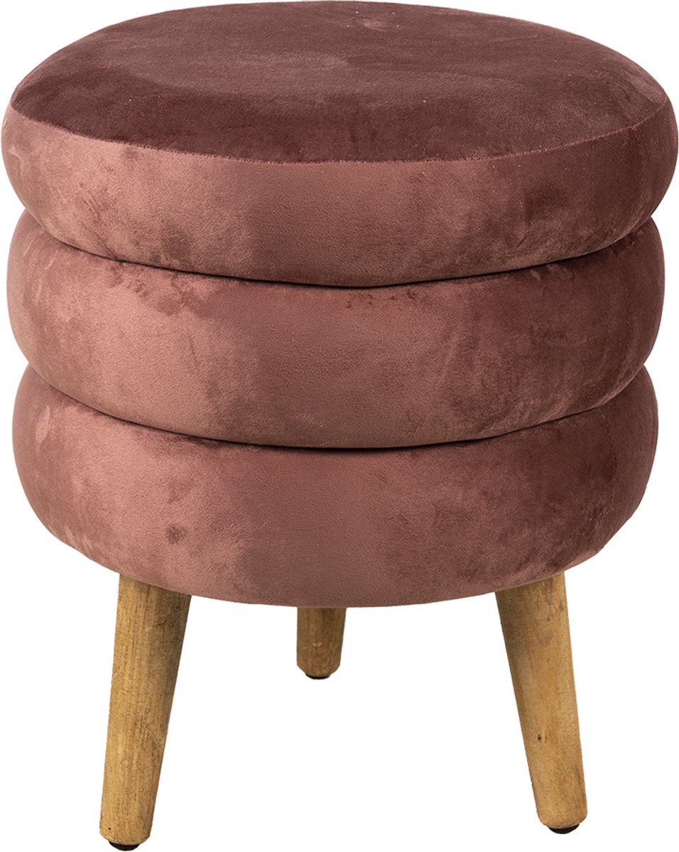 Clayre & Eef Poef Ø 38*44 Cm Velours, Metaal Rond Hocker - Roze