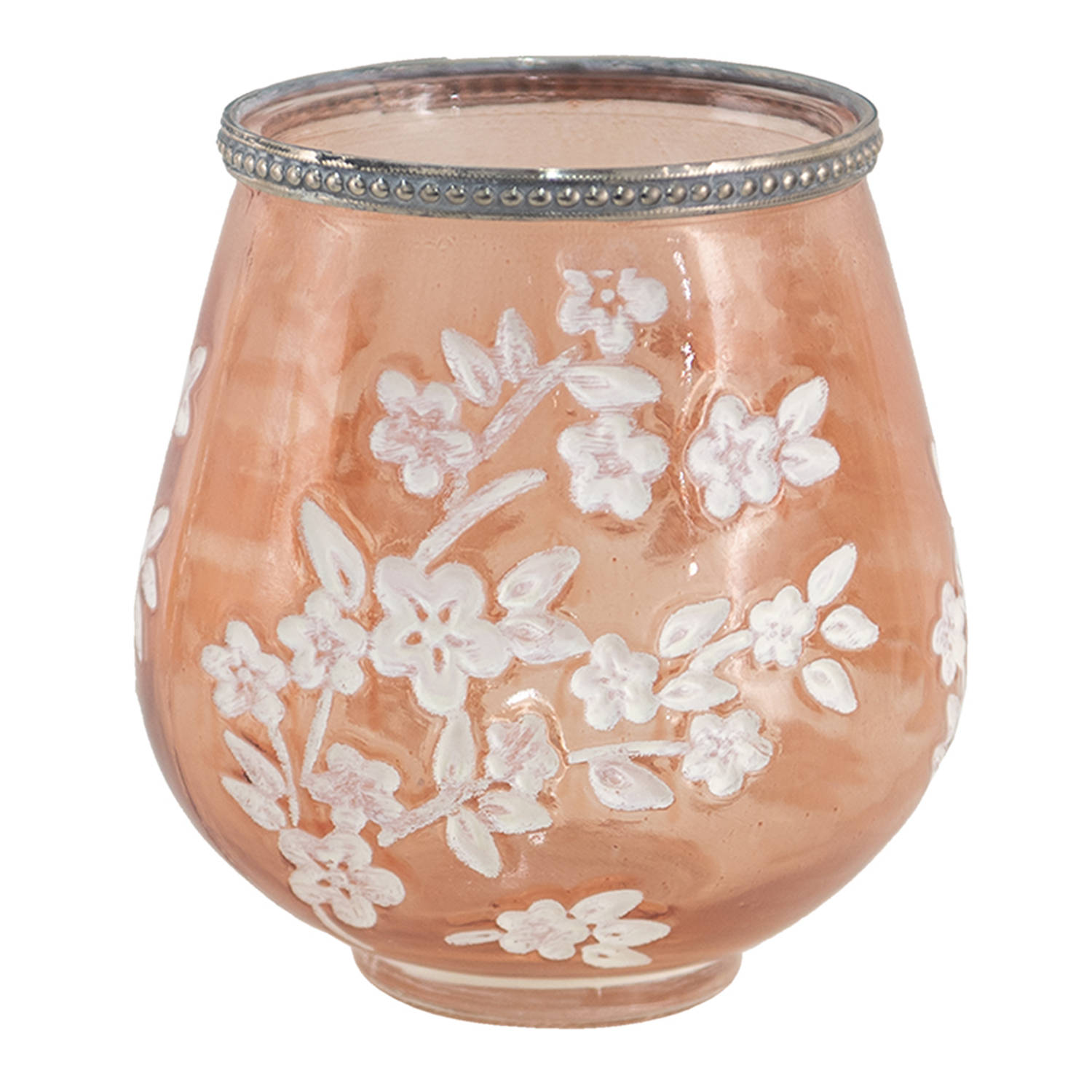 Clayre & Eef Glazen Theelichthouder Ø 13*14 Cm Wit, Glas, Metaal Rond Bloemen Waxinelichthouder Windlichthouder - Roze