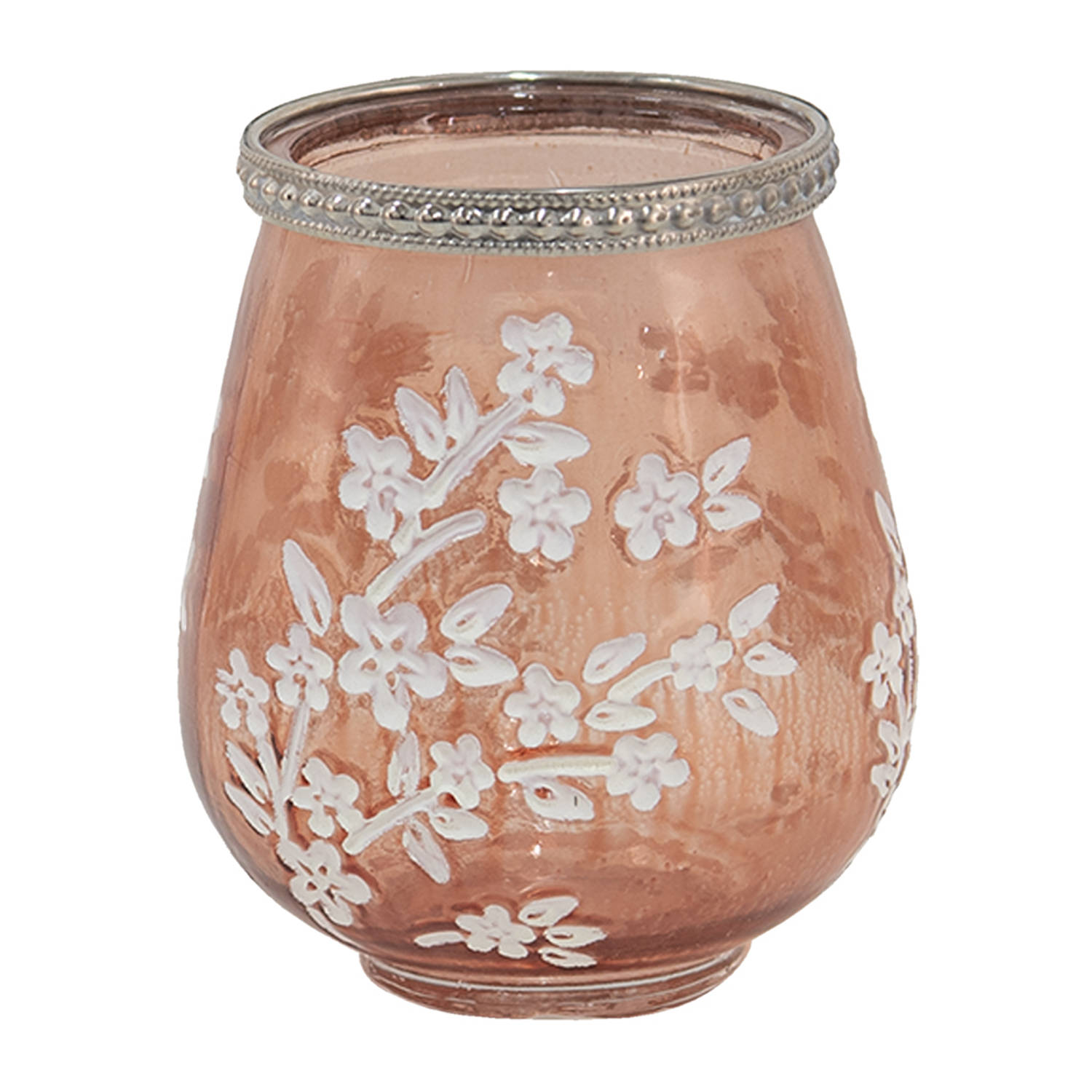 Clayre & Eef Glazen Theelichthouder Ø 9*10 Cm Wit, Glas, Metaal Rond Bloemen Waxinelichthouder Windlichthouder - Roze