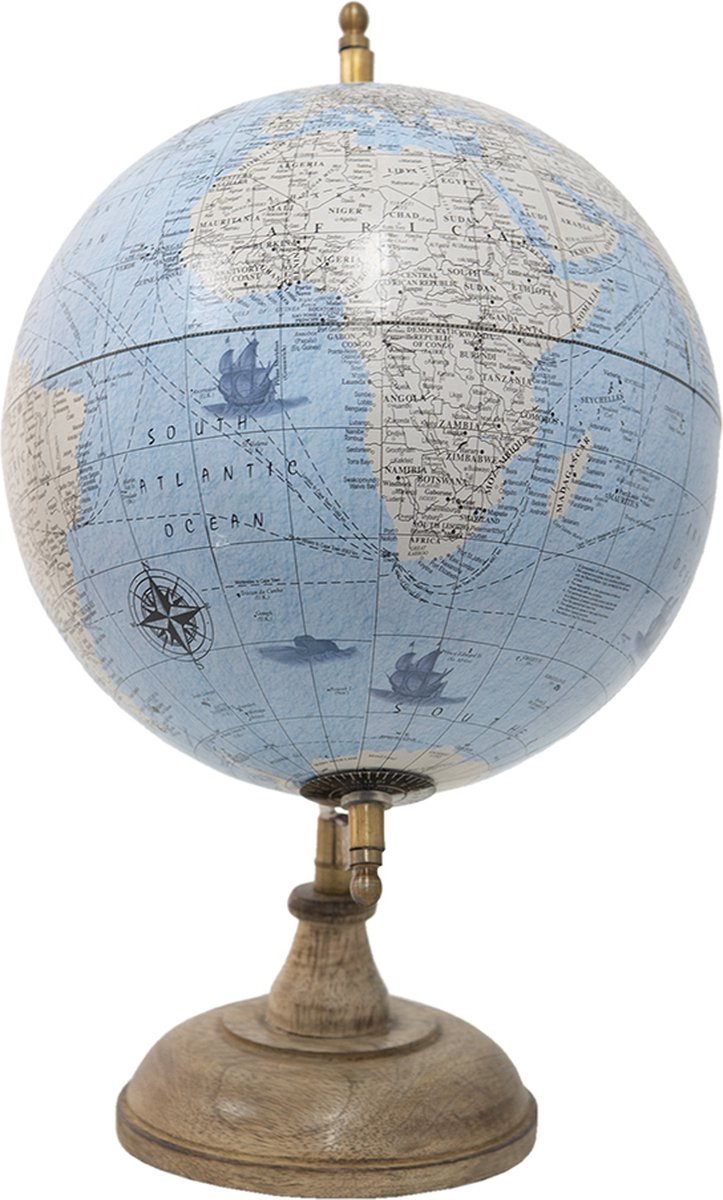 Clayre & Eef Wereldbol Decoratie 22*22*37 Cm, Beige Hout, Ijzer De Wereld Globe Aardbol Globe Aardbol - Blauw