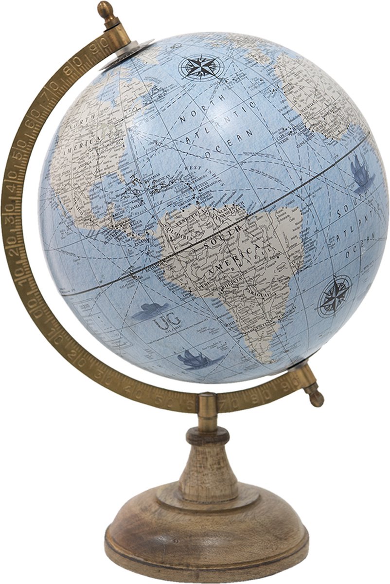 Clayre & Eef Wereldbol Decoratie 22*22*37 Cm, Beige Hout, Ijzer De Wereld Globe Aardbol Globe Aardbol - Blauw
