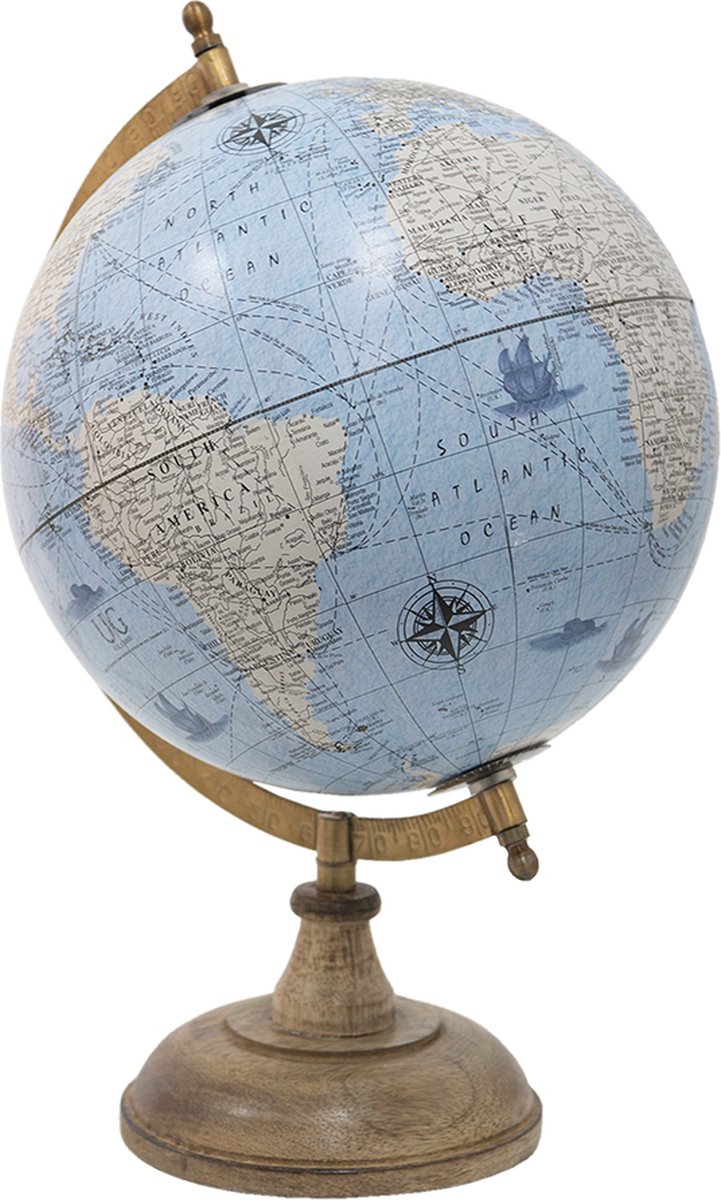 Clayre & Eef Wereldbol Decoratie 22*22*37 Cm, Beige Hout, Ijzer De Wereld Globe Aardbol Globe Aardbol - Blauw