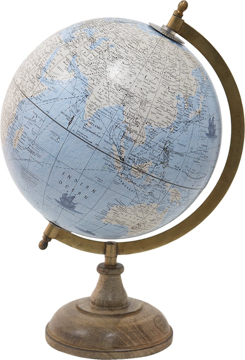 Clayre & Eef Wereldbol Decoratie 22*22*37 Cm, Beige Hout, Ijzer De Wereld Globe Aardbol Globe Aardbol - Blauw