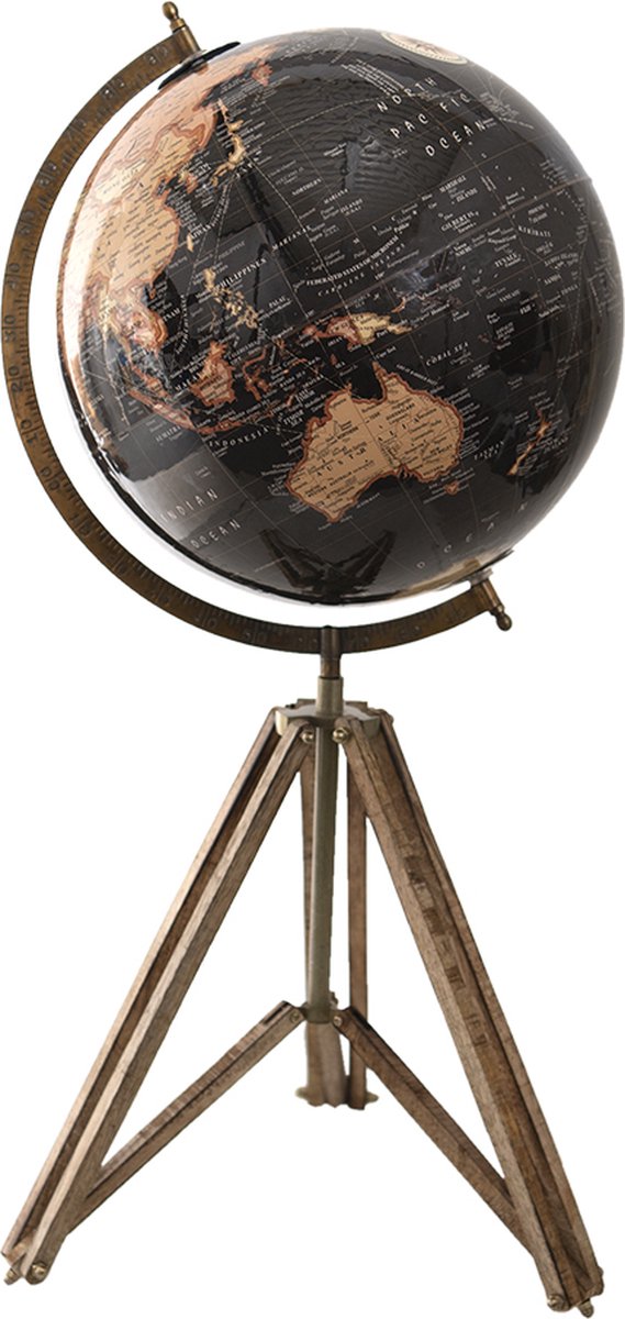 Clayre & Eef Wereldbol Decoratie 31*31*71 Cm, Beige, Bruin Hout, Ijzer De Wereld Globe Aardbol Globe - Zwart