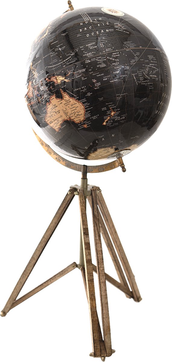 Clayre & Eef Wereldbol Decoratie 31*31*71 Cm, Beige, Bruin Hout, Ijzer De Wereld Globe Aardbol Globe - Zwart