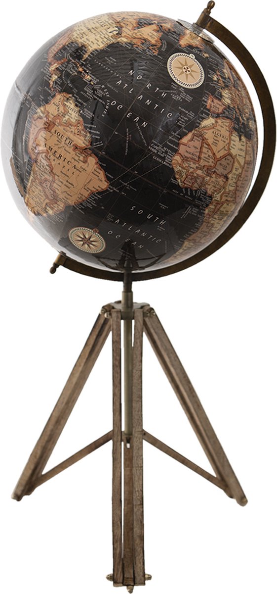 Clayre & Eef Wereldbol Decoratie 31*31*71 Cm, Beige, Bruin Hout, Ijzer De Wereld Globe Aardbol Globe - Zwart
