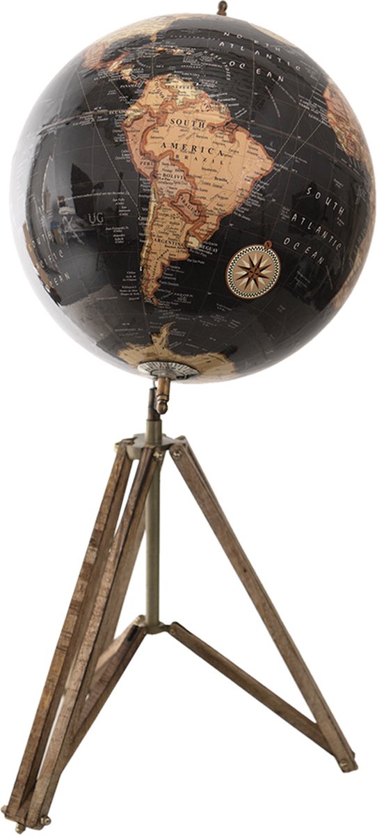 Clayre & Eef Wereldbol Decoratie 31*31*71 Cm, Beige, Bruin Hout, Ijzer De Wereld Globe Aardbol Globe - Zwart