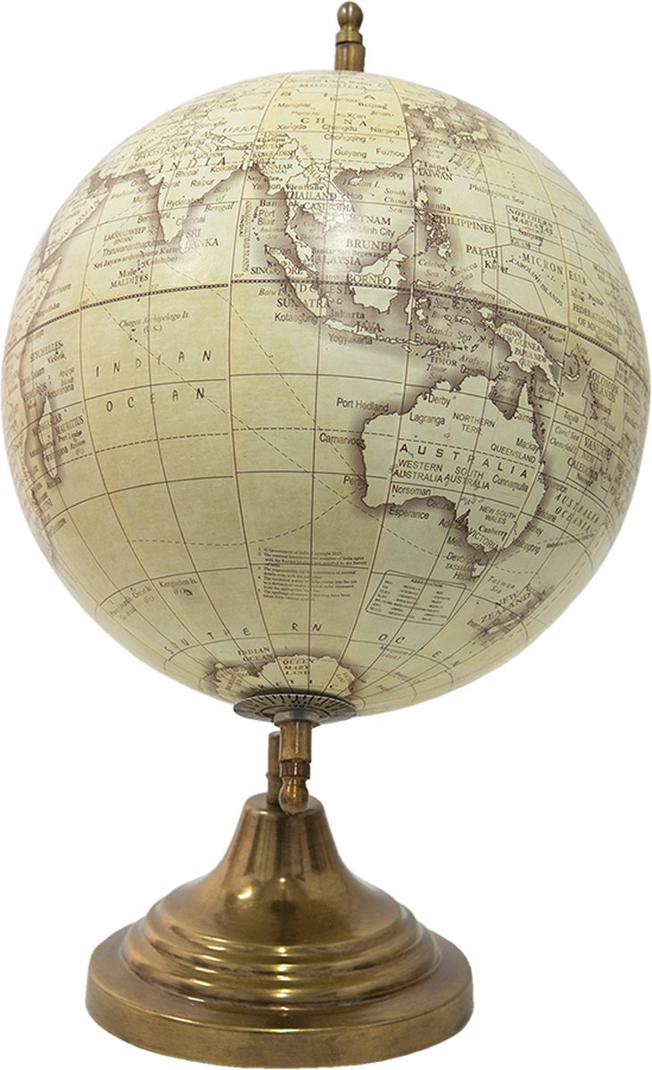 Clayre & Eef Wereldbol Decoratie 22*22*33 Cm, Bruin Hout, Ijzer De Wereld Globe Aardbol Globe Aardbol - Beige