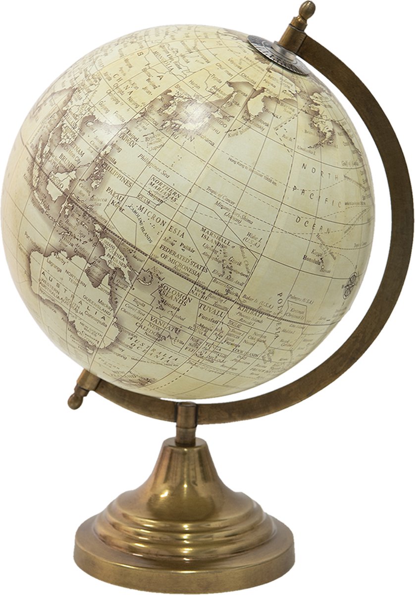 Clayre & Eef Wereldbol Decoratie 22*22*33 Cm, Bruin Hout, Ijzer De Wereld Globe Aardbol Globe Aardbol - Beige