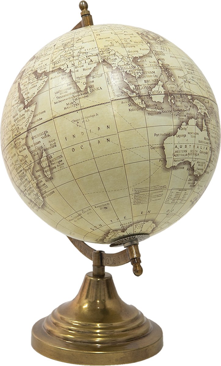 Clayre & Eef Wereldbol Decoratie 22*22*33 Cm, Bruin Hout, Ijzer De Wereld Globe Aardbol Globe Aardbol - Beige