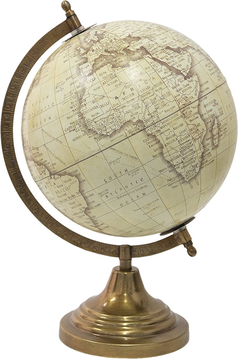 Clayre & Eef Wereldbol Decoratie 22*22*33 Cm, Bruin Hout, Ijzer De Wereld Globe Aardbol Globe Aardbol - Beige