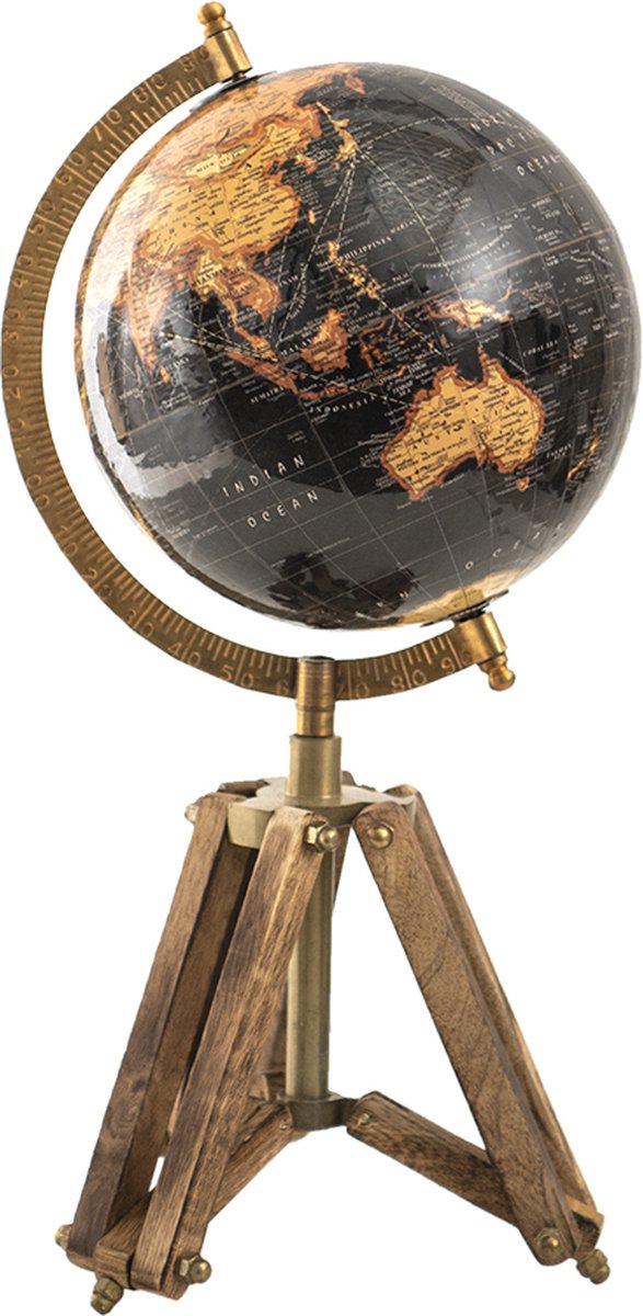 Clayre & Eef Wereldbol Decoratie 18*16*26 Cm, Beige, Bruin Hout, Ijzer De Wereld Globe Aardbol Globe - Zwart