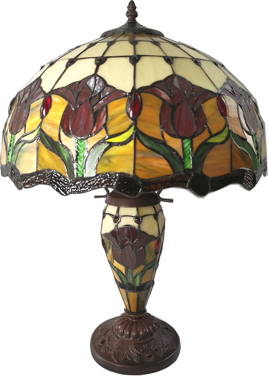 Clayre & Eef Lumilamp Tiffany Tafellamp Ø 41*57 Cm Meerkleurig Glas In Lood Tiffany - Geel