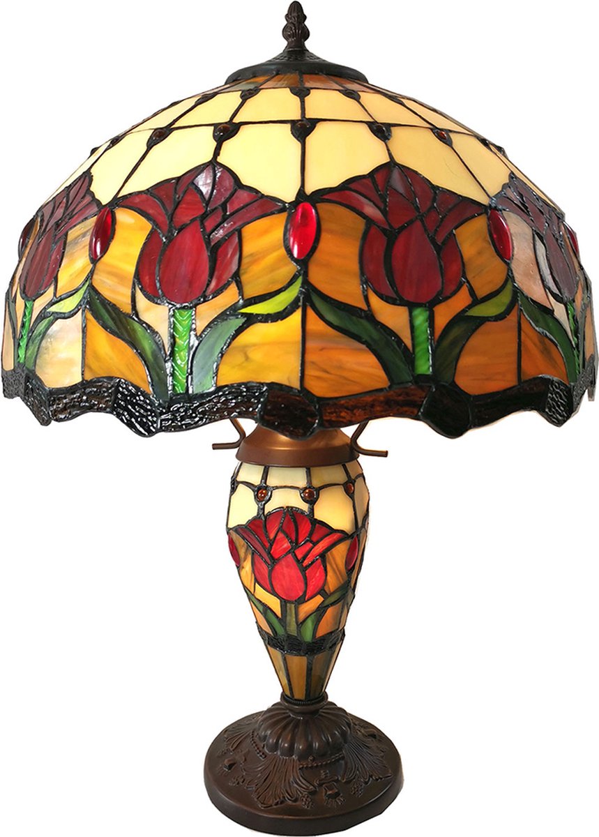 Clayre & Eef Lumilamp Tiffany Tafellamp Ø 41*57 Cm Meerkleurig Glas In Lood Tiffany - Geel