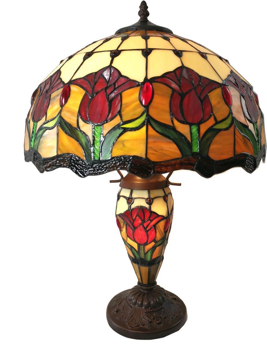 Clayre & Eef Lumilamp Tiffany Tafellamp Ø 41*57 Cm Meerkleurig Glas In Lood Tiffany - Geel