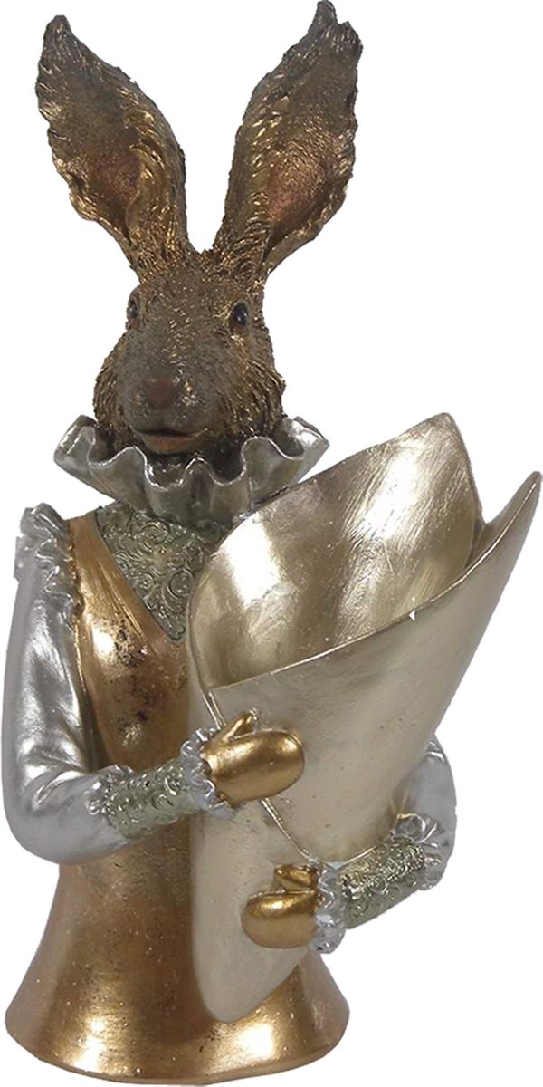 Clayre & Eef Decoratie Beeld Konijn 16*13*30 Cmkleurig Kunststof Decoratief Figuur Paashaas Woonaccessoires - Goud