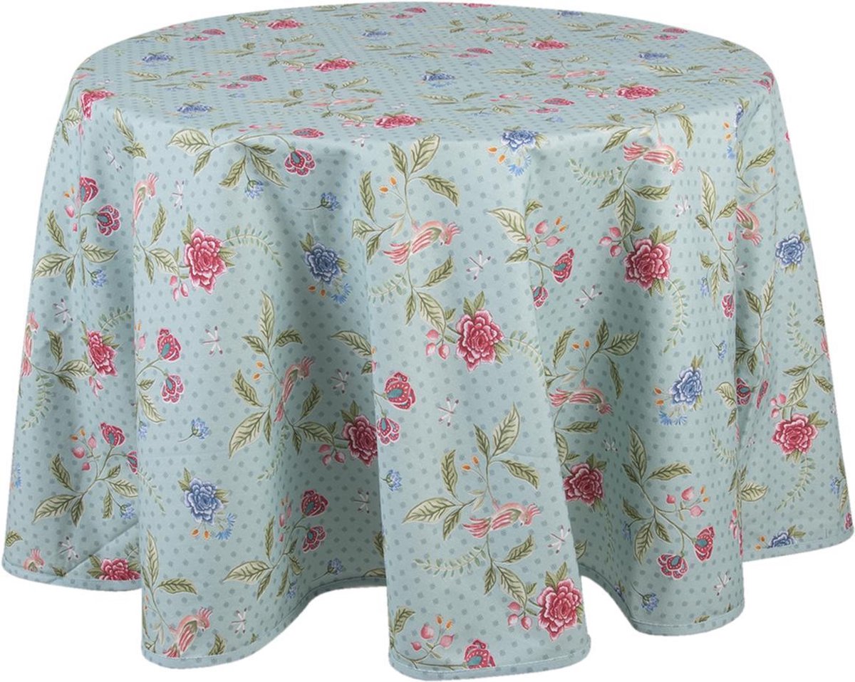 Clayre & Eef Rond Tafelkleed Ø 170 Cm Katoen Rond Bloemen Tafellaken Tafellinnen Tafeltextiel Tafellaken - Blauw