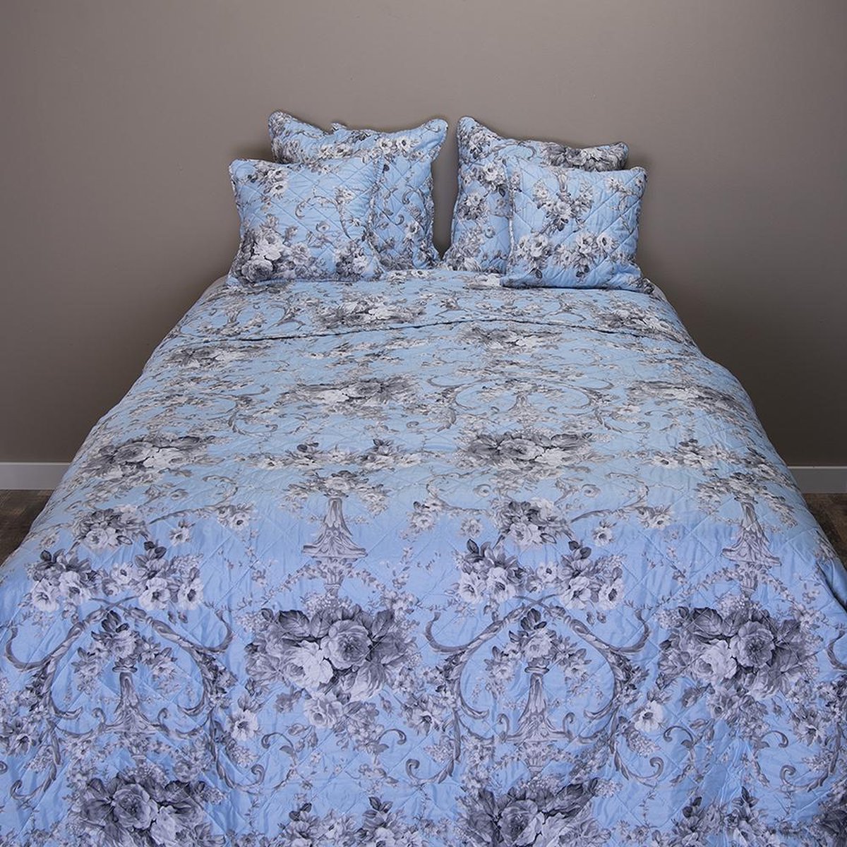 Clayre & Eef Bedsprei 240*260 Cm Polyester Bloemen Rechthoek - Blauw