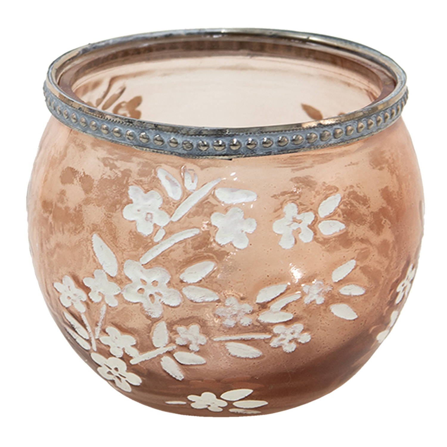 Clayre & Eef Glazen Theelichthouder Ø 10*8 Cm, Wit Glas, Metaal Rond Bloemen Waxinelichthouder Windlichthouder - Bruin