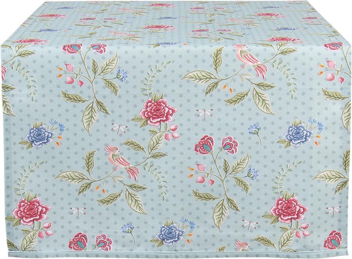 Clayre & Eef Tafelloper 50*140 Cm Katoen Bloemen Rechthoek - Blauw