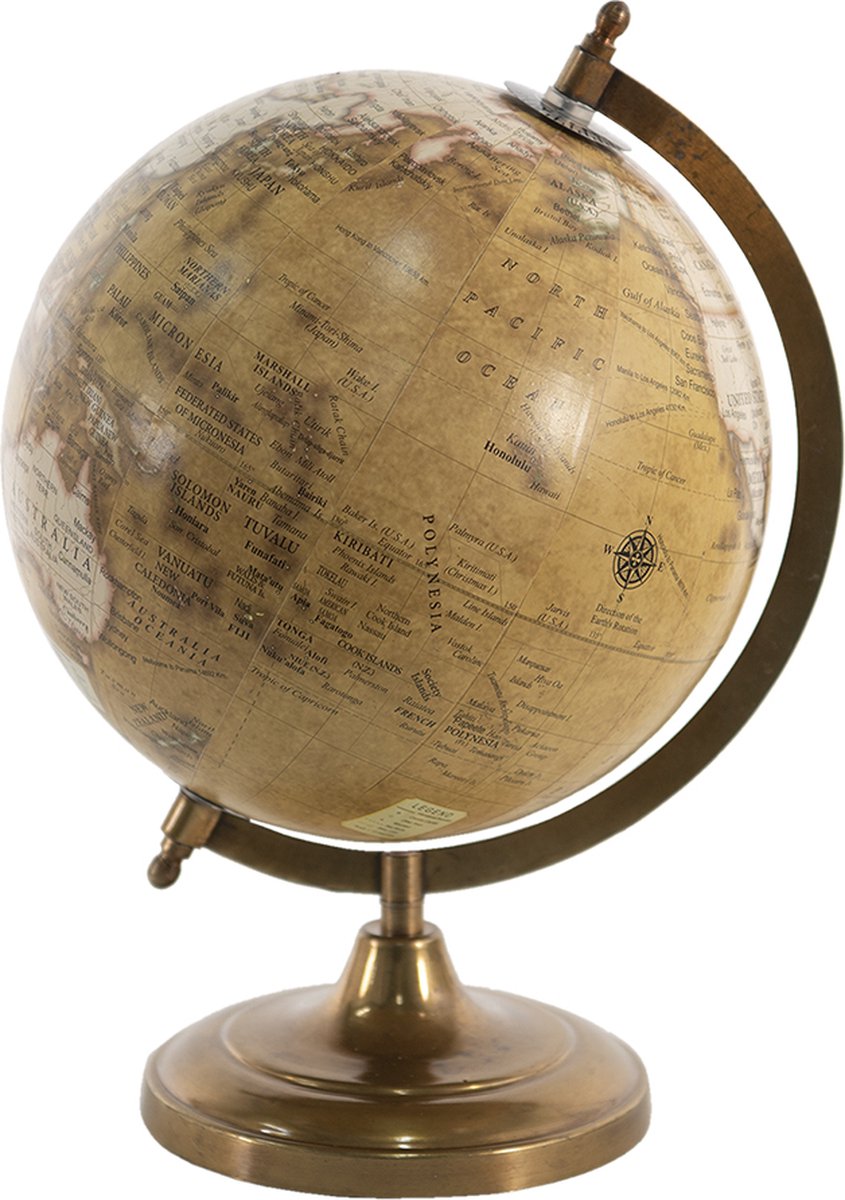Clayre & Eef Wereldbol Decoratie 22*22*33 Cm, Bruin Hout, Ijzer Globe Aardbol Globe Aardbol - Geel