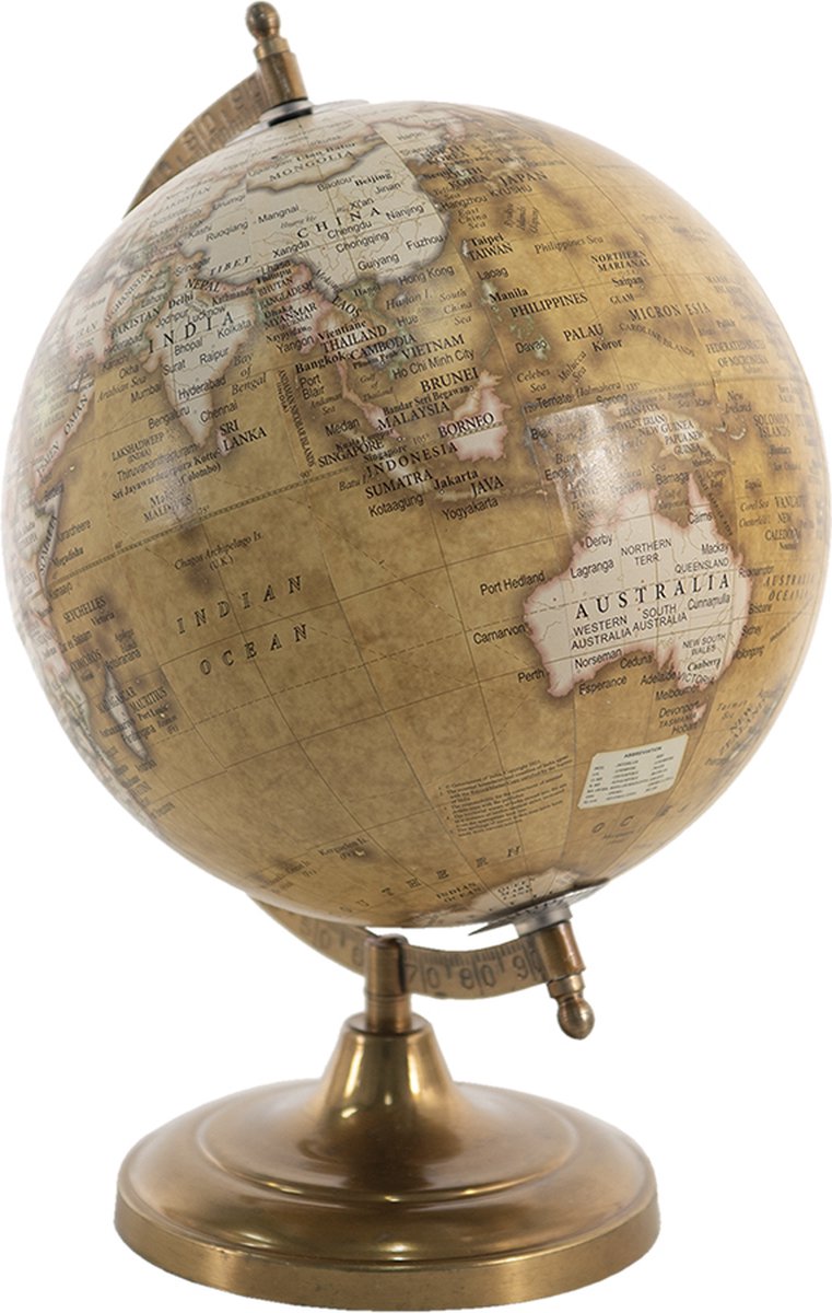 Clayre & Eef Wereldbol Decoratie 22*22*33 Cm, Bruin Hout, Ijzer Globe Aardbol Globe Aardbol - Geel