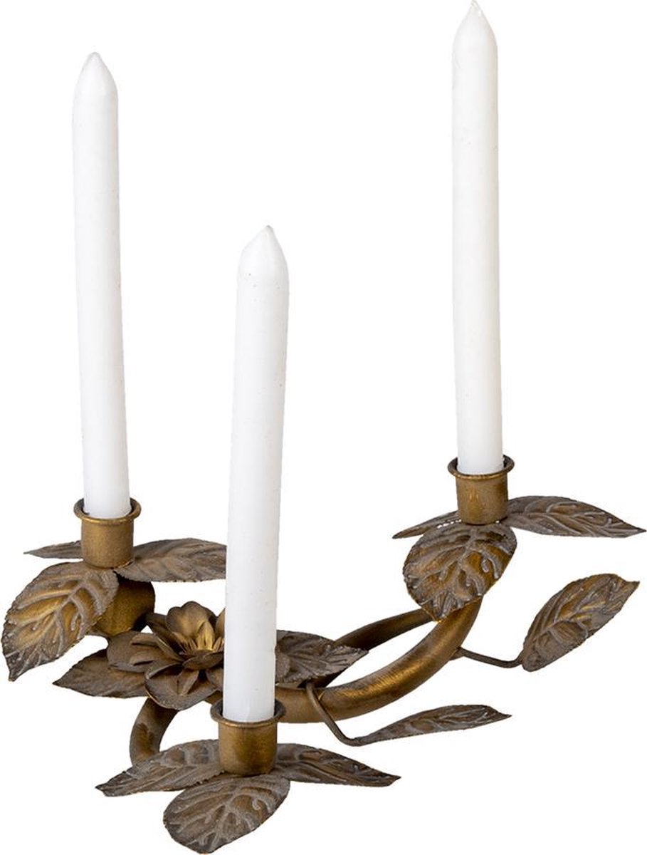 Clayre & Eef Kandelaar 32*30*10 Cm Koperkleurig Ijzer Blaadjes Kaarsenstandaard Kaarsenhouder Koperkleurig
