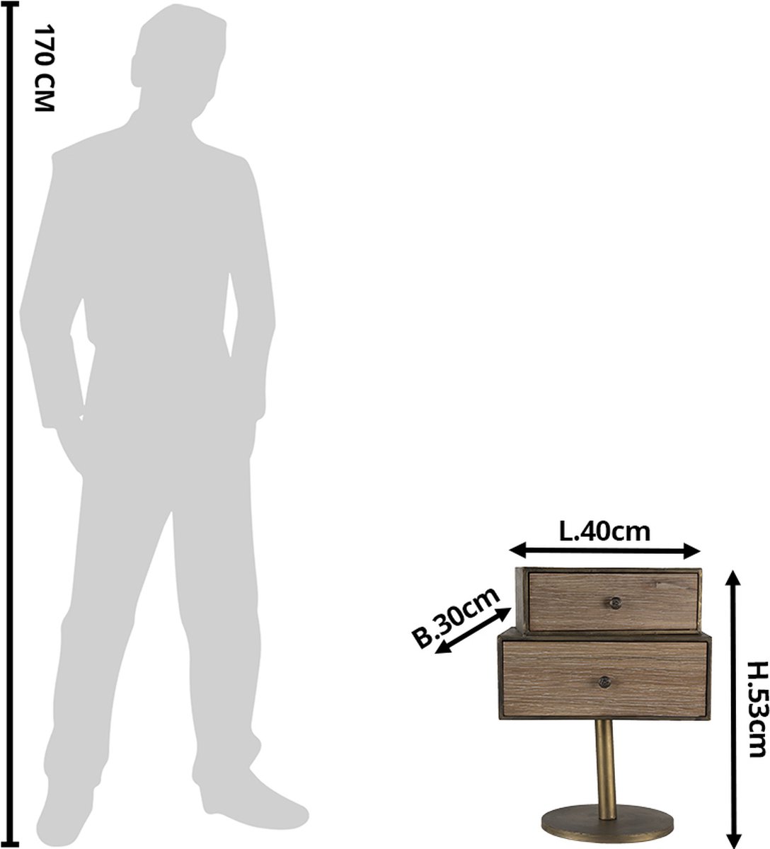 Clayre & Eef Nachtkastje 40*30*53 Cmkleurig, Bruin Hout, Ijzer Opbergkast Ladekastjekleurig Opbergkast - Goud