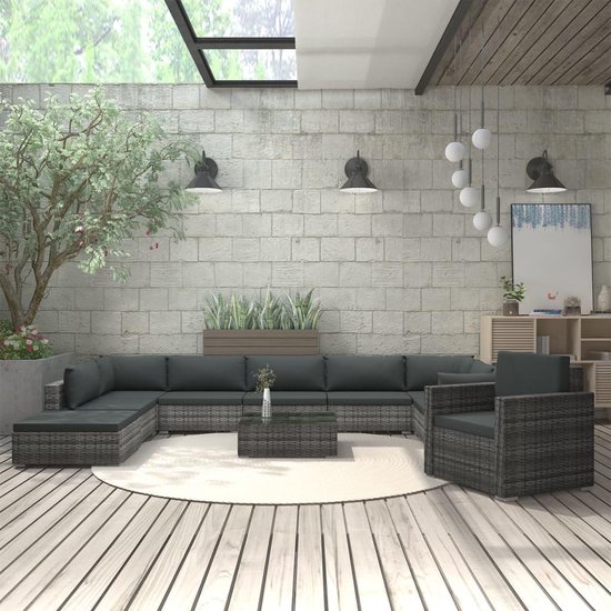 Vidaxl 11-delige Loungeset Met Kussens Poly Rattan - Grijs