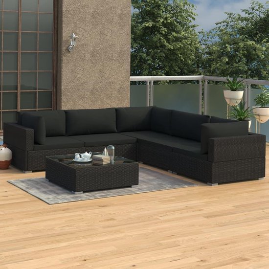 Vidaxl 6-delige Loungeset Met Kussens Poly Rattan - Zwart