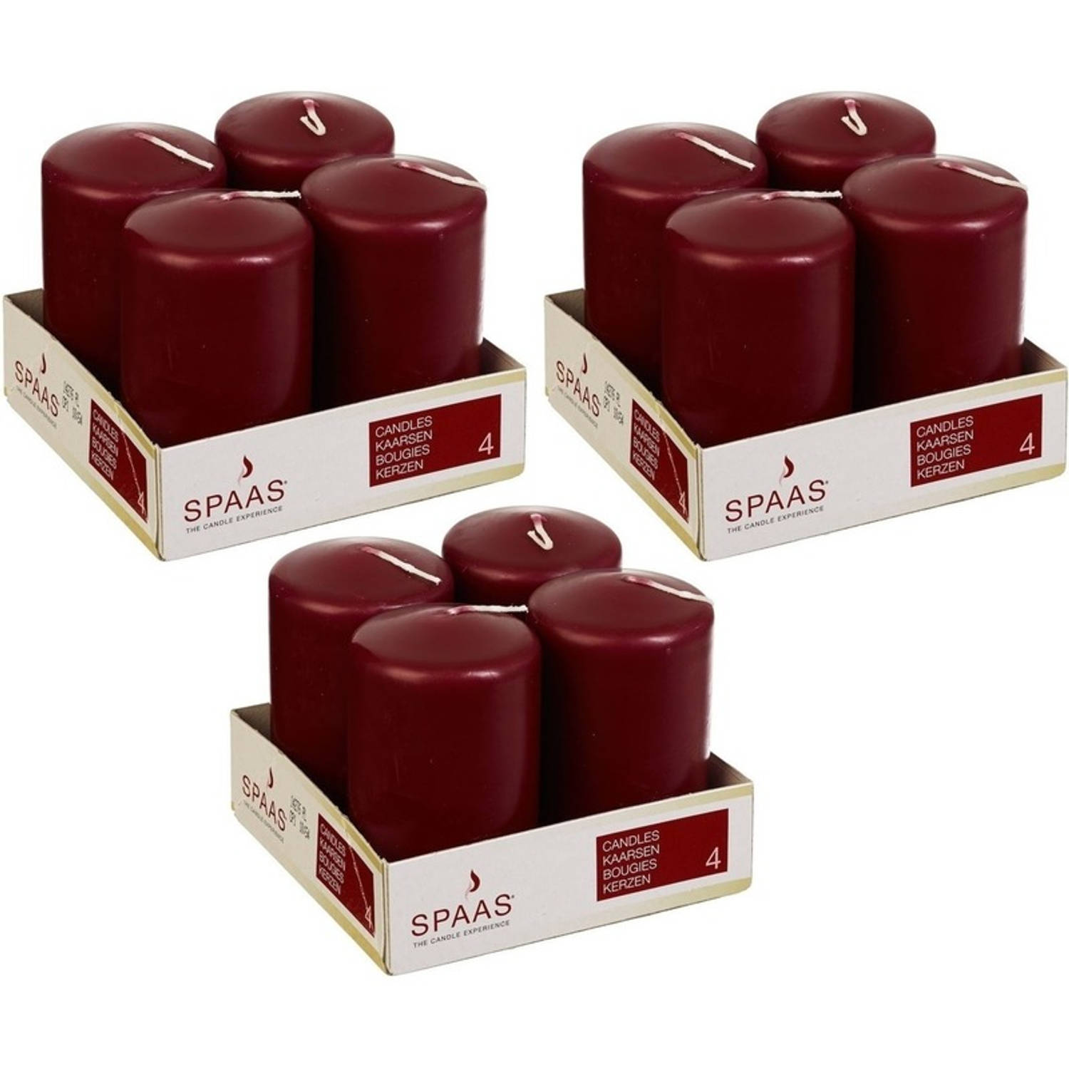 Spaas 12x Bordeaux Rode Cilinderkaarsen/stompkaarsen 5 X 8 Cm 12 Branduren - Geurloze Kaarsen - Woondecoraties - Rood