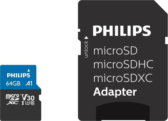 Philips Fm64mp65b - Micro Sdxc Kaart 64gb Incl. Adapter - Class 10 - Uhs-i U3