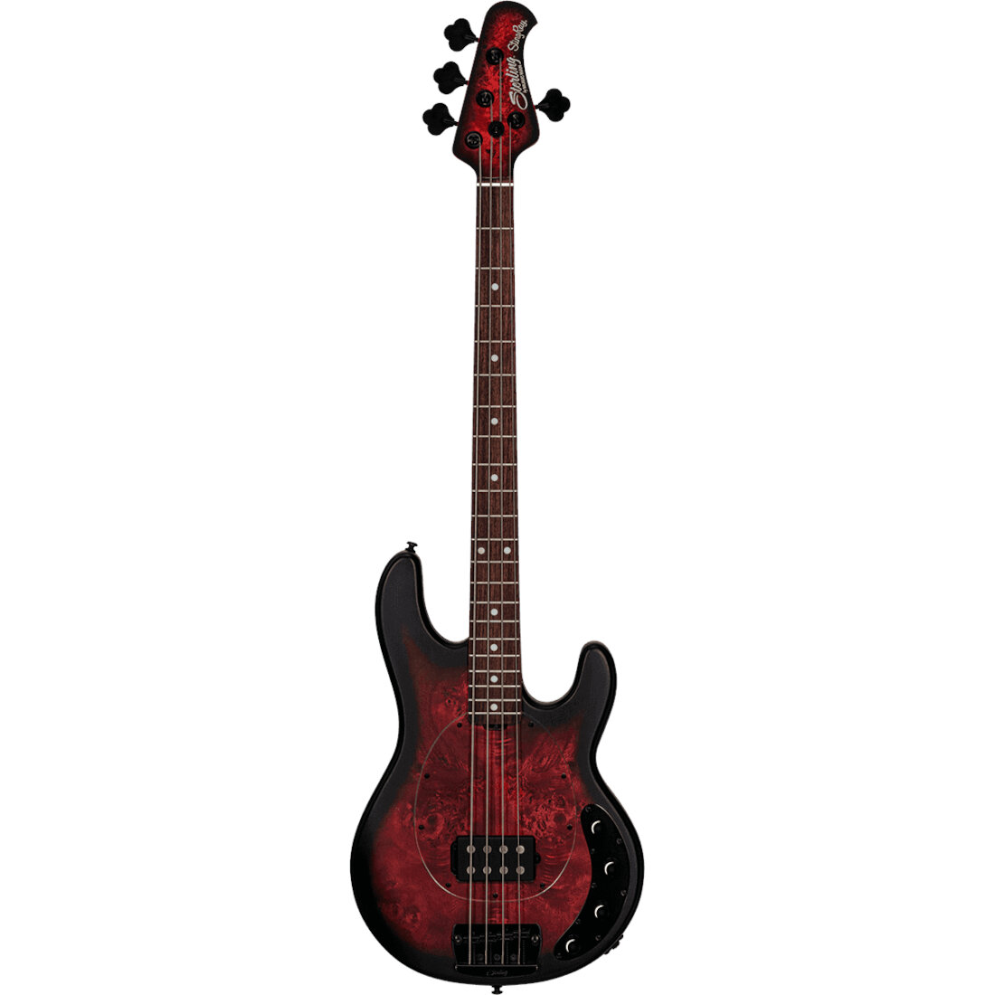 Music Man StingRay Ray34 Poplar Burl Dark Scarlet Burst Satin elektrische basgitaar met gigbag