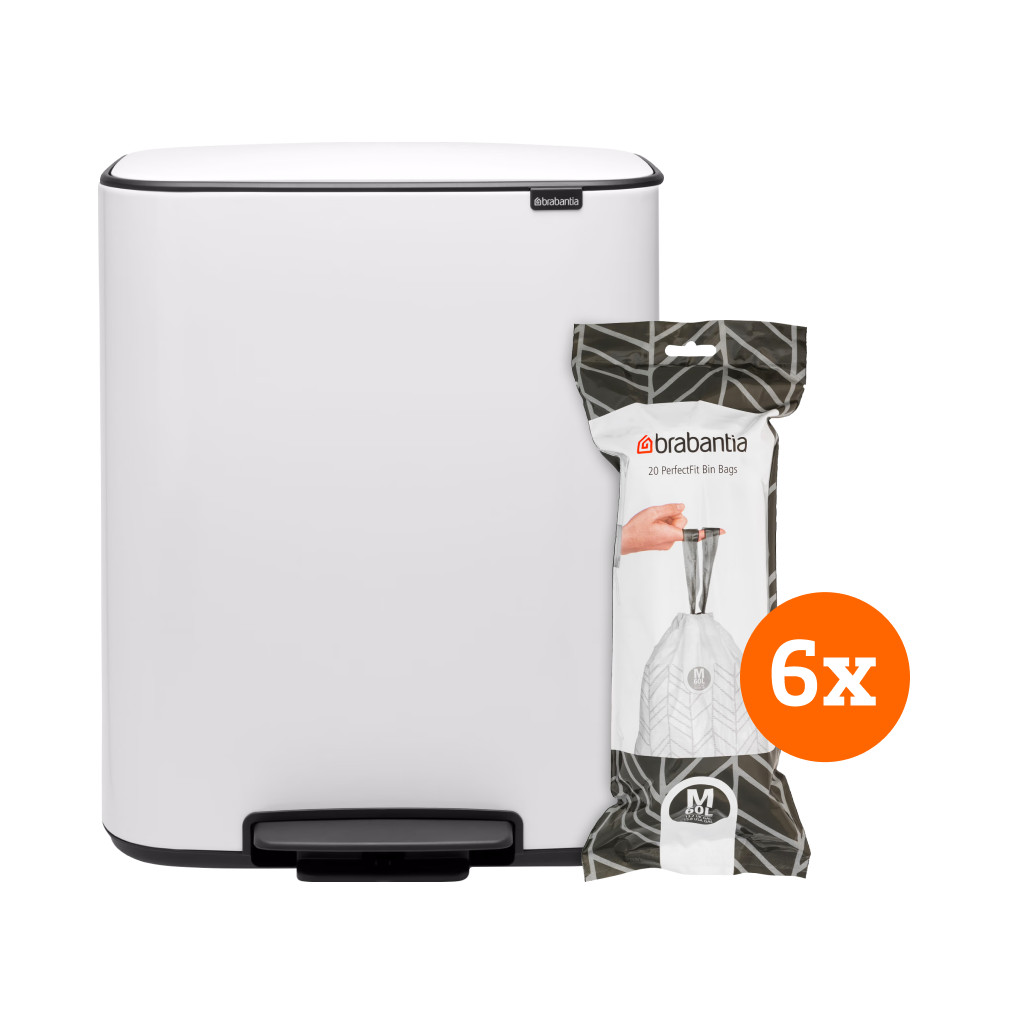 Brabantia Bo Pedal Bin 60 Liter White + Vuilniszakken (120 stuks)