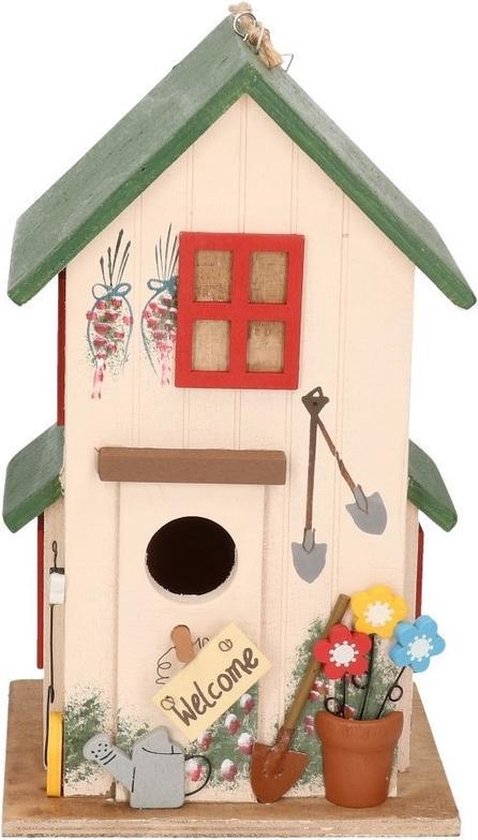 Houten Vogelhuisje/nestkastje/groen 26 Cm - Tuindecoratie Vogelhuisjes - Wit